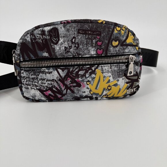 DKNY Bodhi Belt Bag Black SIlver Nylon Multi Hands‑Free Waist Street Art Print - Picture 1 of 7